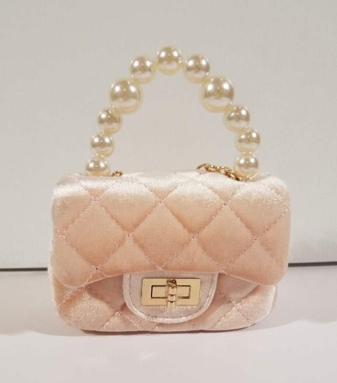 Girl's Pale Pink Velvet Quilted Purse with Pearl Handle