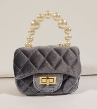 Load image into Gallery viewer, Girl&#39;s Quilted Grey Velvet Purse with Pearl Handle

