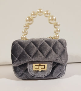 Girl's Quilted Grey Velvet Purse with Pearl Handle